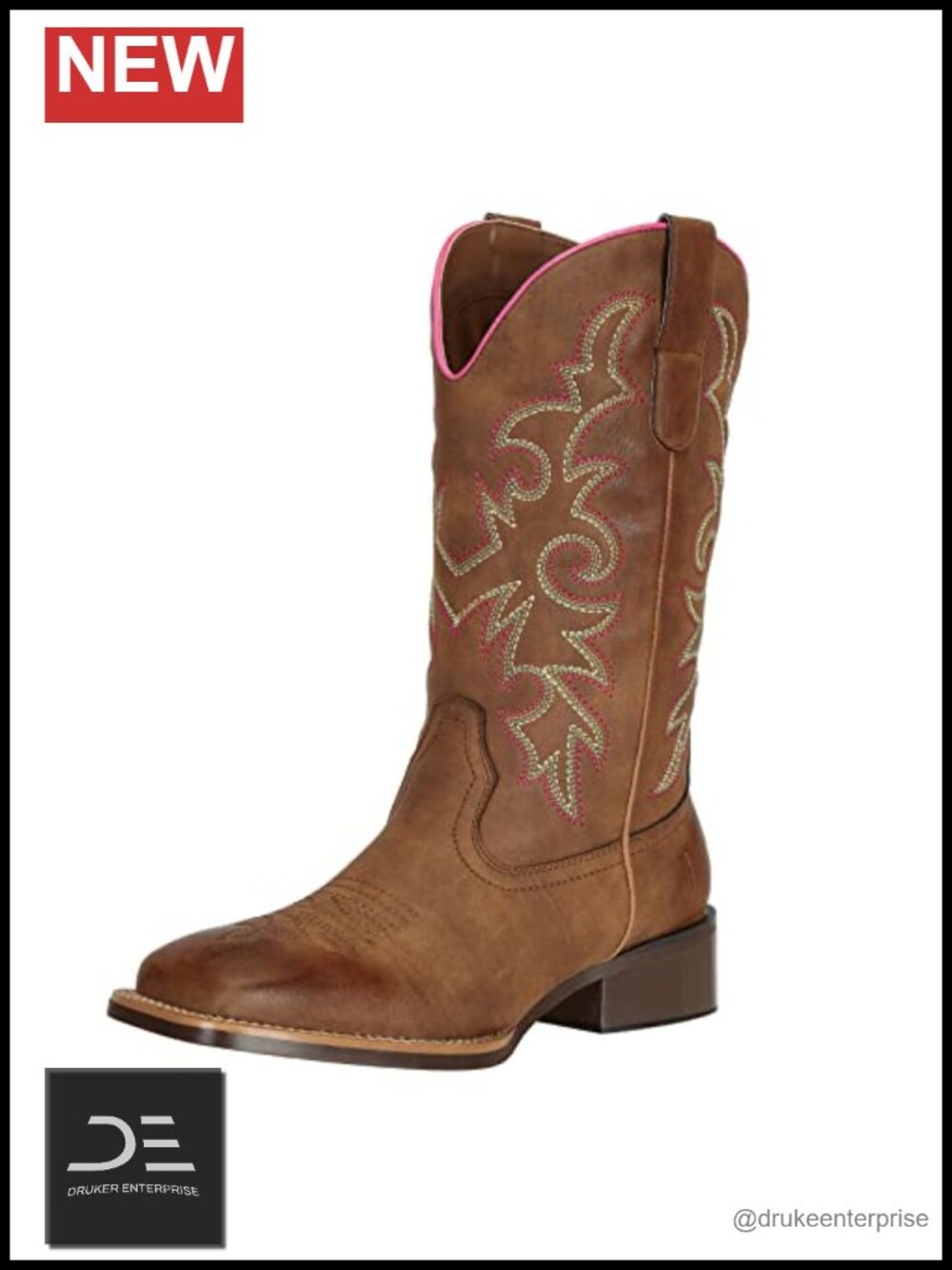Faux Leather Cowboy Boots Women Square Toe Western Mid Calf Pull-On